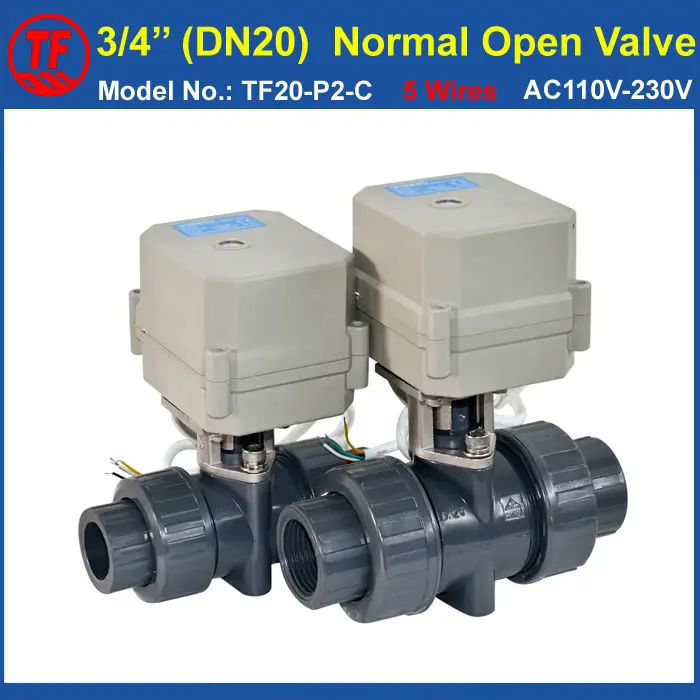 TF20-P2-C PVC DN20 BSP/NPT 3/4'' AC110V-230V 5 Wires Normal Open Valve 10NM On/Off 15 Sec Metal Gear For Water Application CE