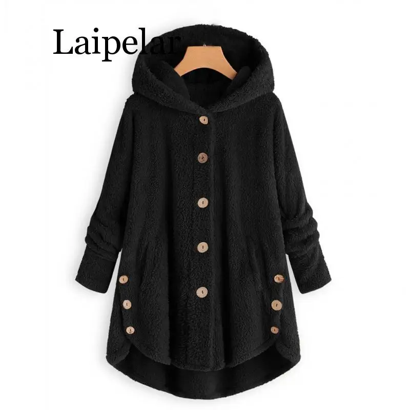 Laipelar New Thin Wool Blend Fashion Women Button Coat Fluffy Turn-down Collar Outwear Jacket Casual Tops Hooded Pullover Loose