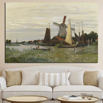 

HD Print Claude Monet Windmill at zaandam Impressionist Landscape Oil Painting on Canvas Art Poster Wall Picture for Living Room