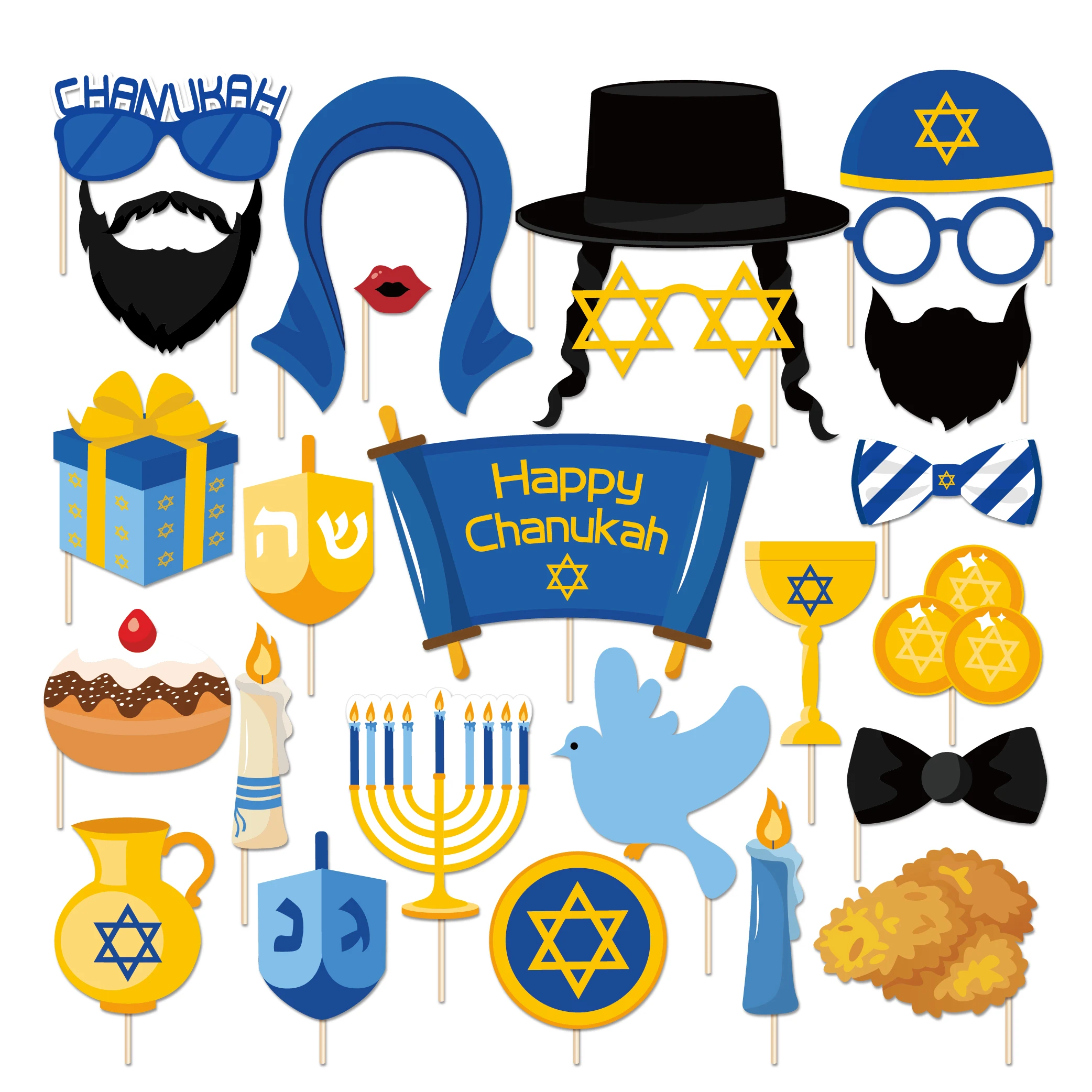 

25pcs Happy Hanukkah Party Decorations DIY Photobooth Props Chanukah Theme Paper Cards Photobooth Props Party Favors Supplies