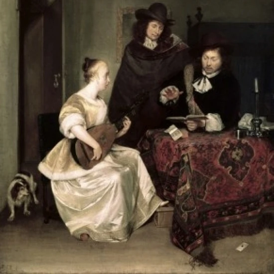 Young Woman Playing the Theorbo to Two Men ca1667-8 Gerard ter Borch (1617-1681 Dutch)  Oil on canvas National (18 x 24)