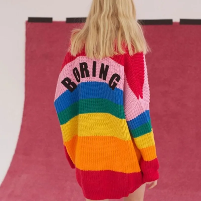 Women Rainbow Striped Sweater Crocheted Jacket Embroidery