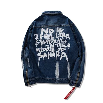 

Distressed Ripped Denim Jacket Mens Hip Hop Printed Denim Jackets Male Fashion Ribbon Jeans Coats Streetwear Black Blue
