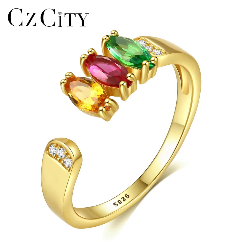 CZCITY Gold Plated 925 Sterling Silver Adjustable Cuff Rings for Women Multi-color CZ Stone Female Wedding Bijouxme Gift | Украшения и