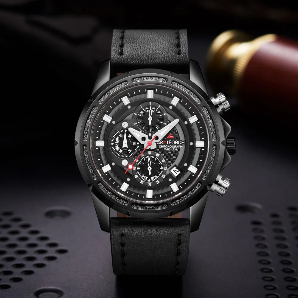 

ARMIFORCE Auto Date Men's Watches Military Luxury Watch Mens Quartz Leather Fashion Chronograph Wristwatch Man Relogio Masculino