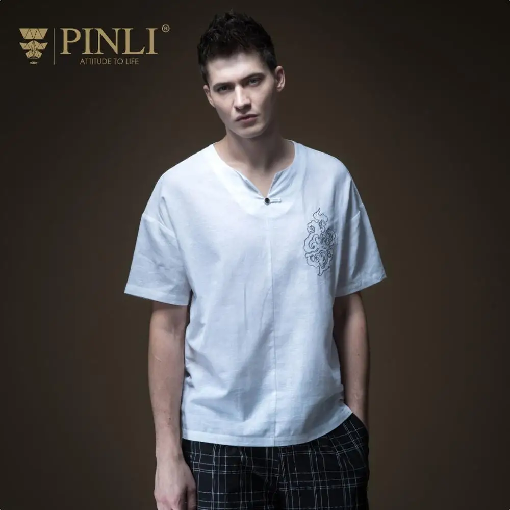 

2019 Linkin Park Undertale Pinli Summer New Men's Wear Chinese Wind Cotton Hemp V-collar Short Sleeve T-shirt Top B192311404