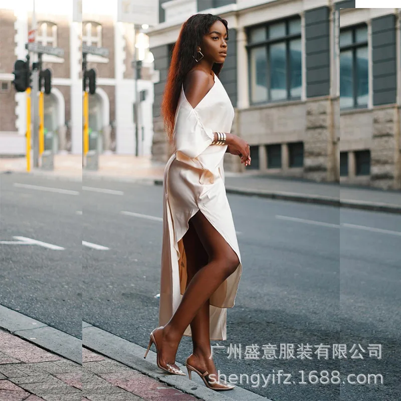 

Pure Color Streetwear One Shoulder Summer Bohemian Beach Dress Chiffon Maxi Women Dresses Asymmetrical Vestidos Verano 2019