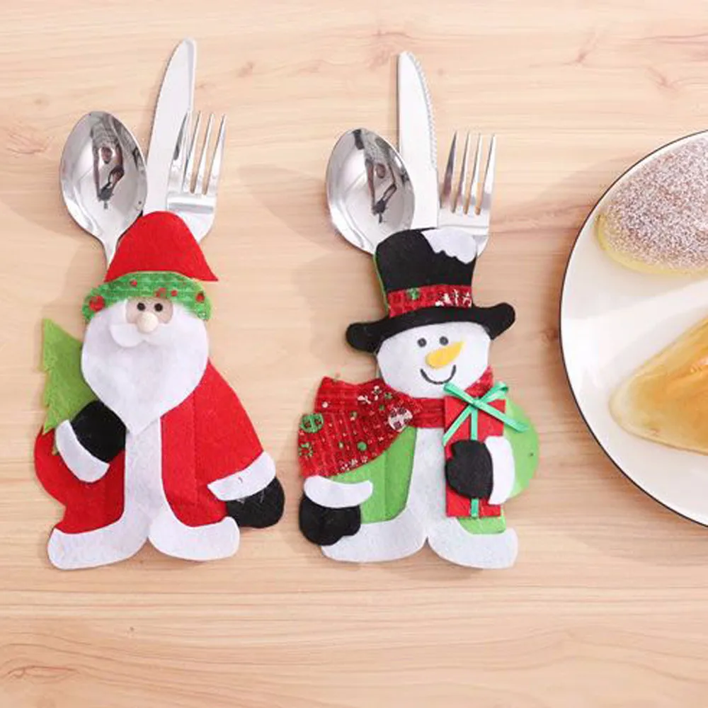 Cute Snow Cutlery Christmas Santa Claus Socks Pocket Fork Knifes Storage Holder