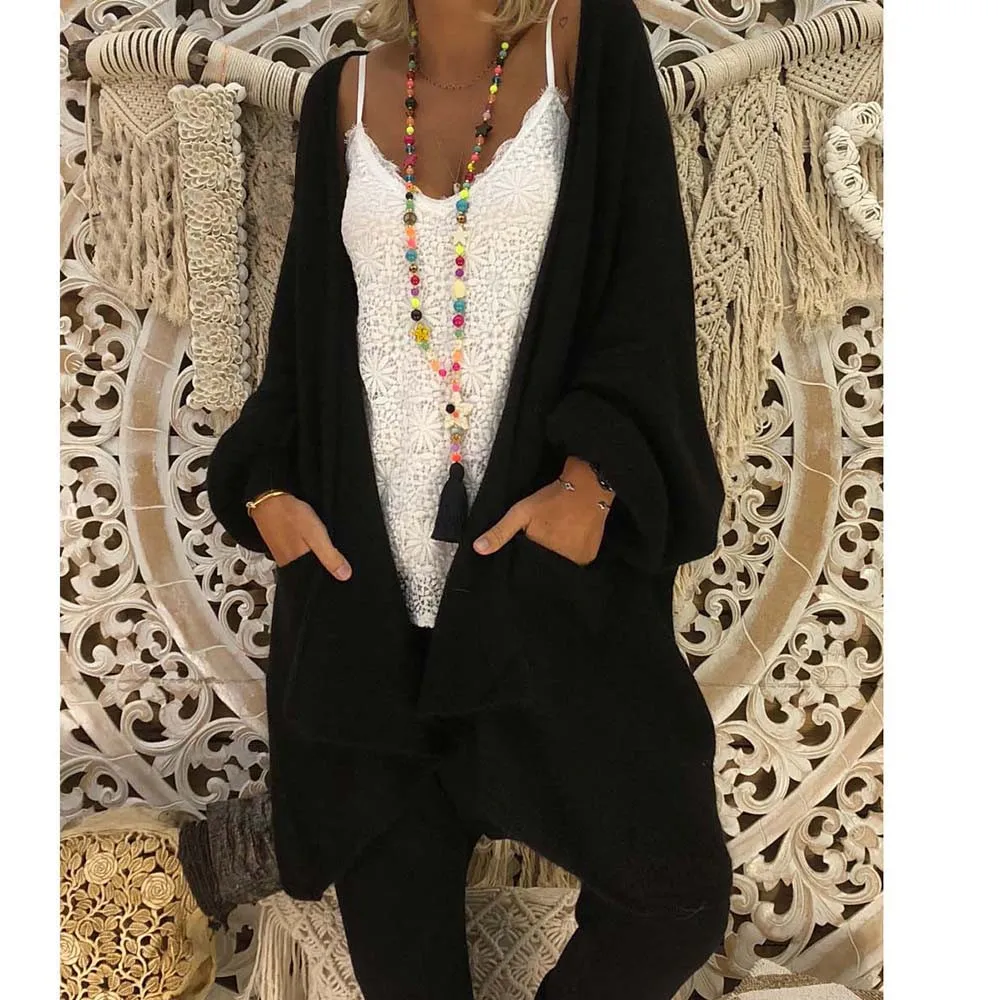 

Harajuku Long Cardigan Ladies 2019 Spring Fashion Long sleeve kimono Women Large Coat with pocket Casual Black Jacket Cardigan