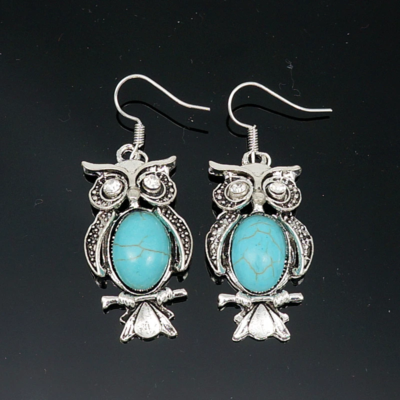 

New 2016 Classical Vintage Owl Turquoises earrings eardrop 50*19mm silver plated Charm accessories LS00010