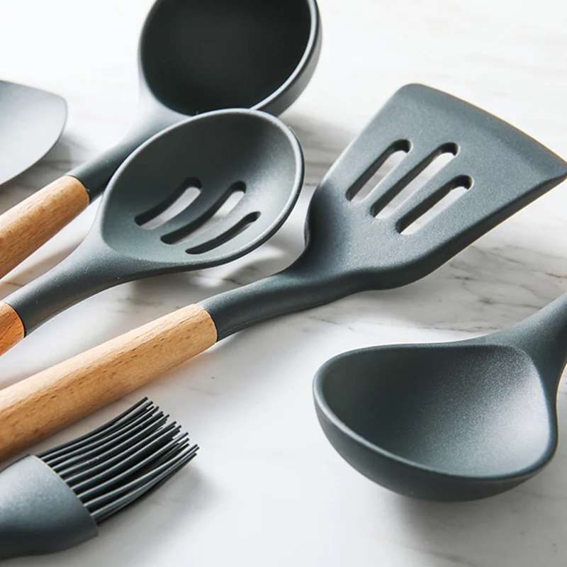 Duolvqi 1 шт. Пищевая силиконовая кухонная утварь практичная кухонная посуда кухонные инструменты для выпечки инструменты для приготовления пищи с деревянной ручкой