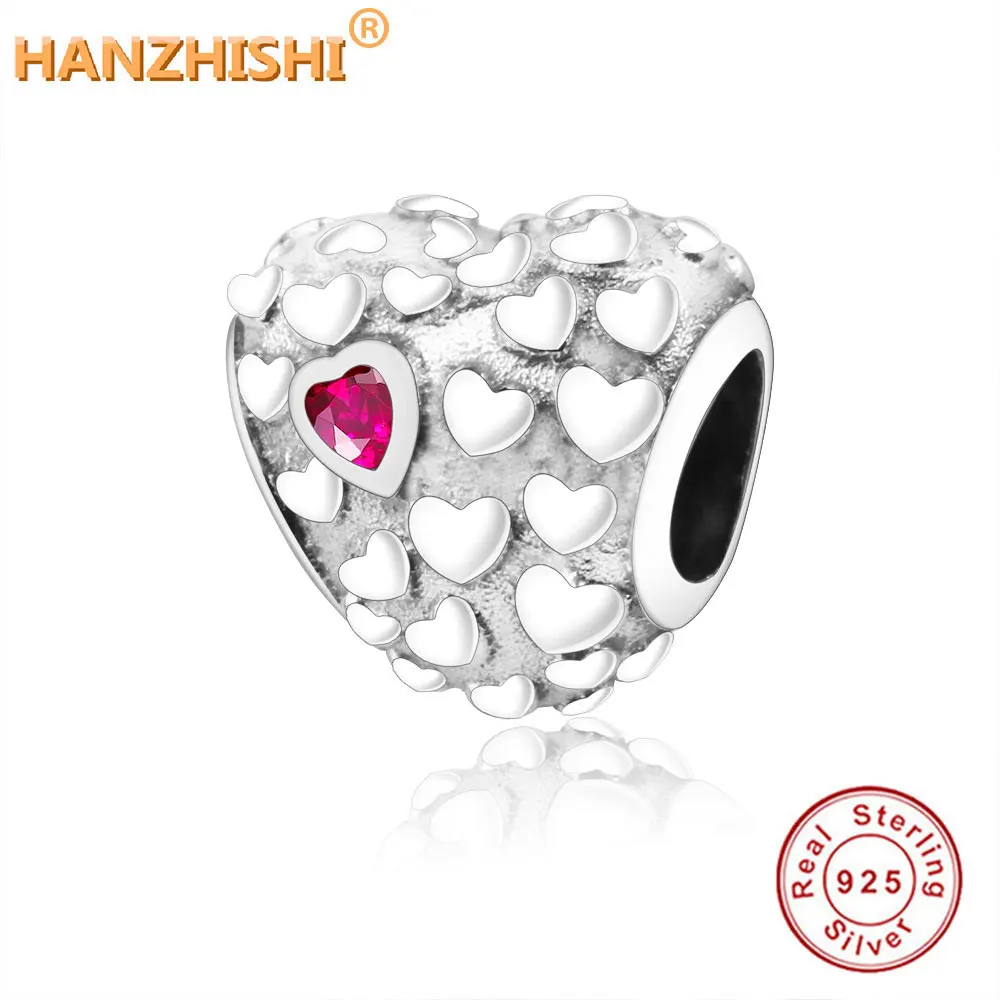 

Fits Original Pandora Charms Bracelet DIY Jewelry Making berloque 925 Sterling Silver Pave Heart Heart Charm Beads With Red CZ