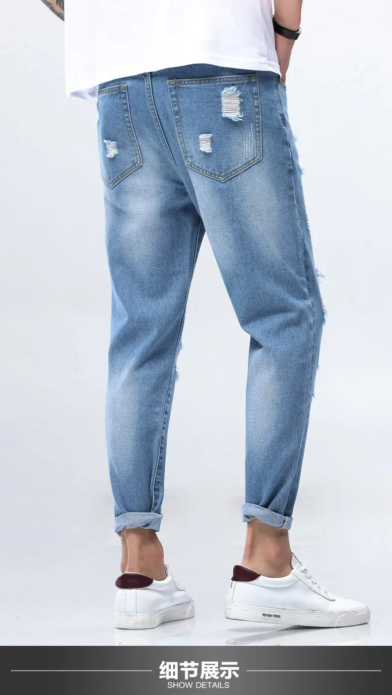Fashion Men Jeans Solid Pencil Pants Cotton Cargo Jeans Pant Simple Color Male Trousers Youth Full Length Brand Hollow Out Jeans 07