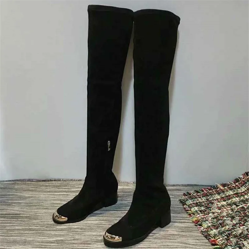 Женские высокие сапоги выше колена с металлическим носком Обувь на толстом