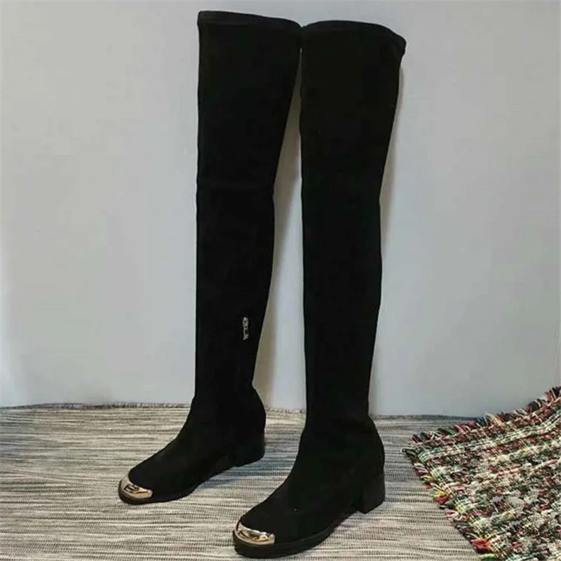 

Metal Toe Over Knee High Women Long Boots Thick Heels Shoes Woman Brand Thigh High Botas Mujer Design Motorcycle Bottines Femmes
