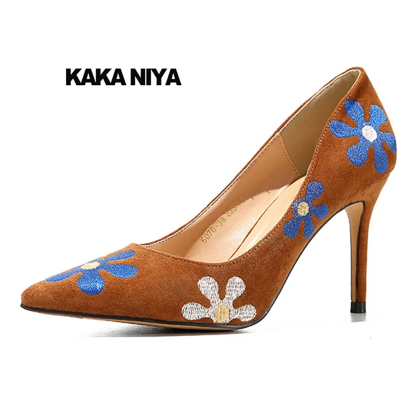 

Flower Printed High Heels Shoes Pointed Toe Prom Runway Top Quality 2018 Brown Floral Size 4 34 Thin Pumps Suede Women Spring