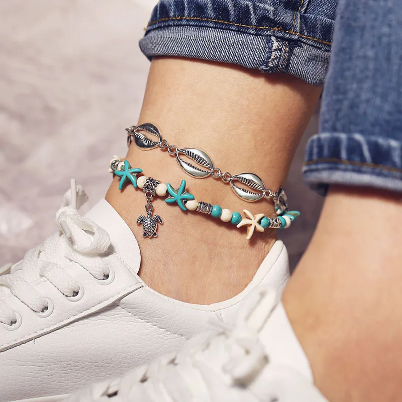 

2019 Simple Metal Natural Stone Anklet Retro Personality Green Crystal Metal Shell Turtle Pendant Starfish New Anklet
