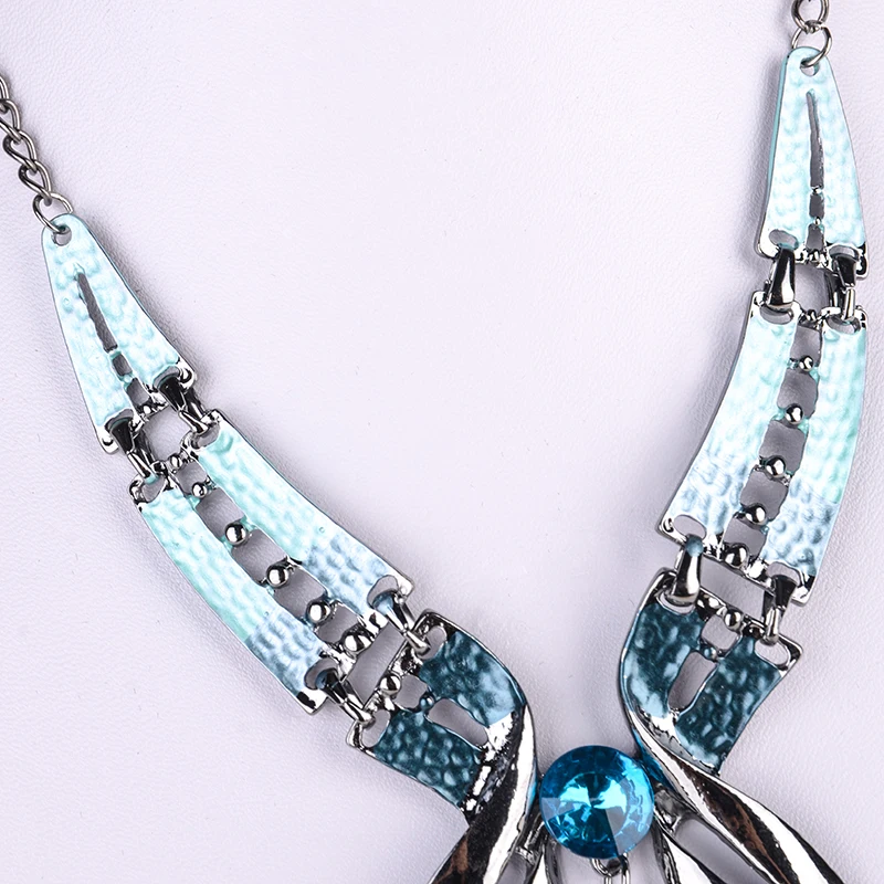 Austrian Crystal Jewelry Sets Fashion Blue Choker Collar Necklace dangle earring Jewellery Silver Plated Bridal Wedding Jewelry
