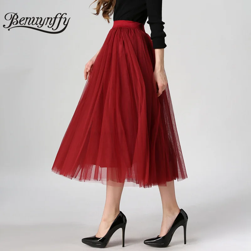 

Benuynffy Pleated Maxi Tulle Skirts Womens Autumn Spring Summer Elegant Big Swing Long High Waist Adult Tutu Skirt for Women 385