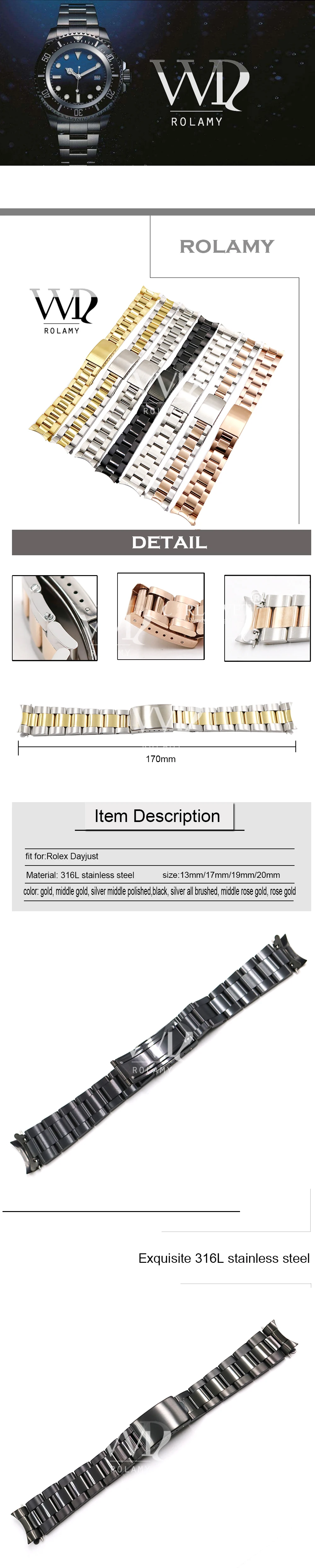 Rolamy 13 17 19 20mm Watch Band Strap Wholesale 316L Stainless Steel Tone Rose Gold Silver Watchband Oyster Bracelet For Dayjust