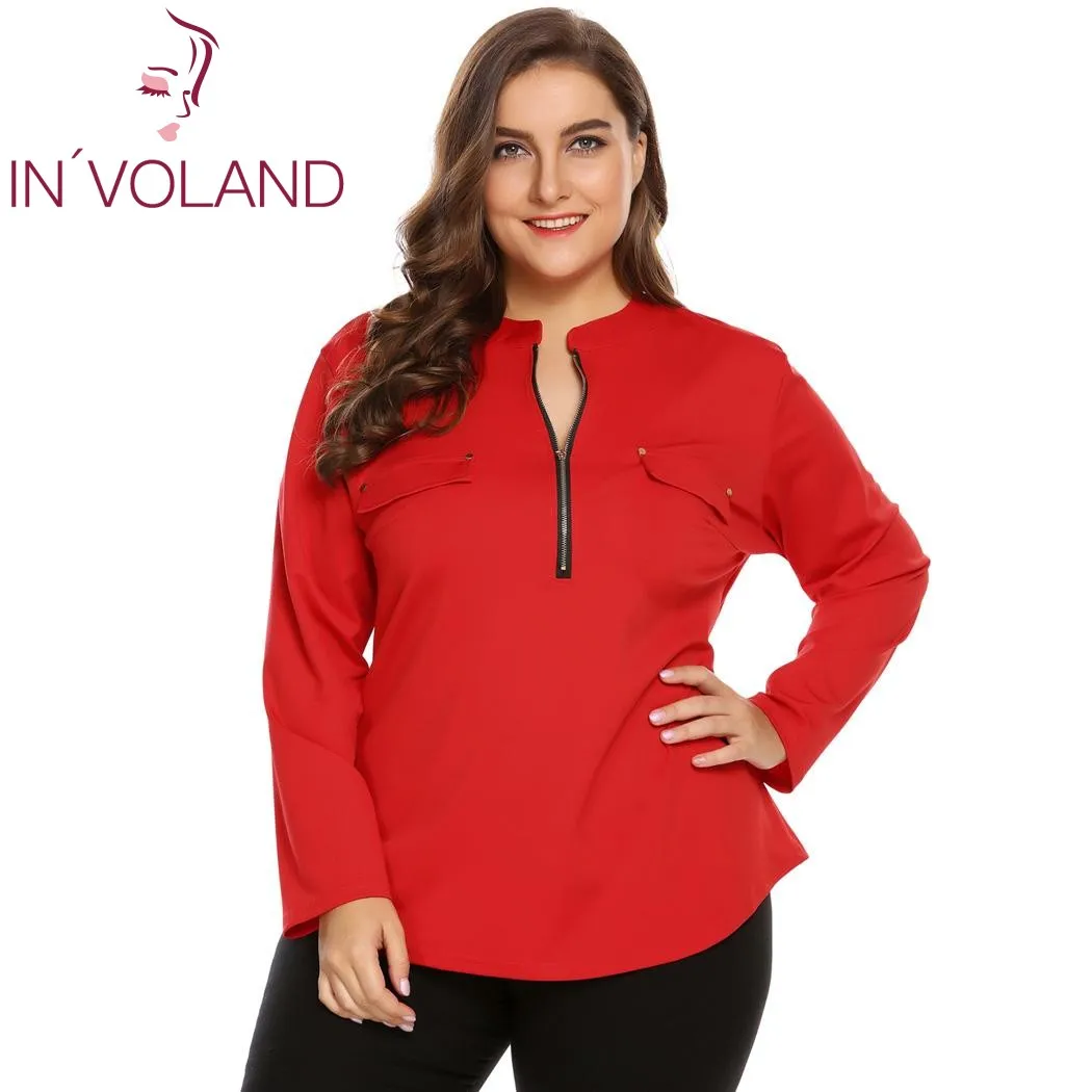 IN'VOLAND, большие размеры, XL-5XL, женская блузка, Blusas, топы, весна-осень, стоячий воротник, длинный рукав, на молнии, большие пуловеры размера плюс