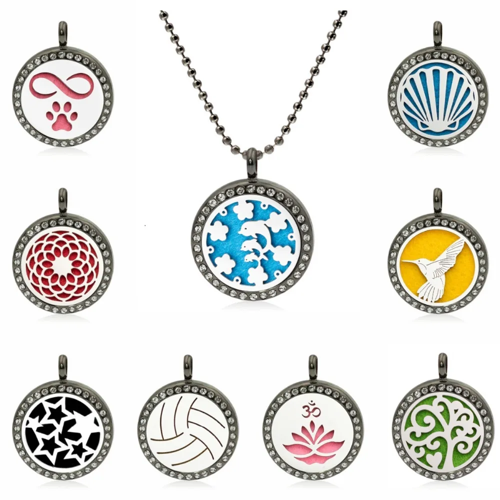 Gun black bling Maple leaf peace moon star 25mm Perfume essential oil diffuser locket pendant necklace with 1 pad random as gift |