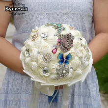 Kyunovia броши-бабочки, свадебный букет, Искусственные Свадебные цветы, стразы, жемчуг и шелковые розы, свадебный букет FE34