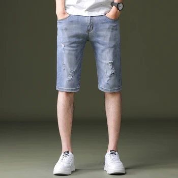

Large Size Men's Cotton Light Blue Denim Shorts New Male Holes Knee Length Short Jeans Solid Casual Shorts Size 38