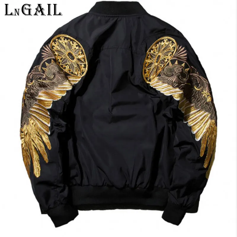 

drop shipping Hip hop jacket 2018 new autumn brand coat black embroidery golden wing streetwear partner bomber jackets men.