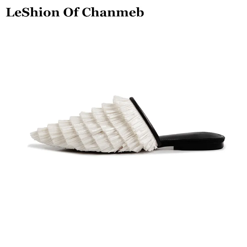 

New Fashion Ruffles Mules Shoes Women's White Flats Shoes Summer Slippers for Ladies Larger Size 43 Loafers zapatos mujer 2019
