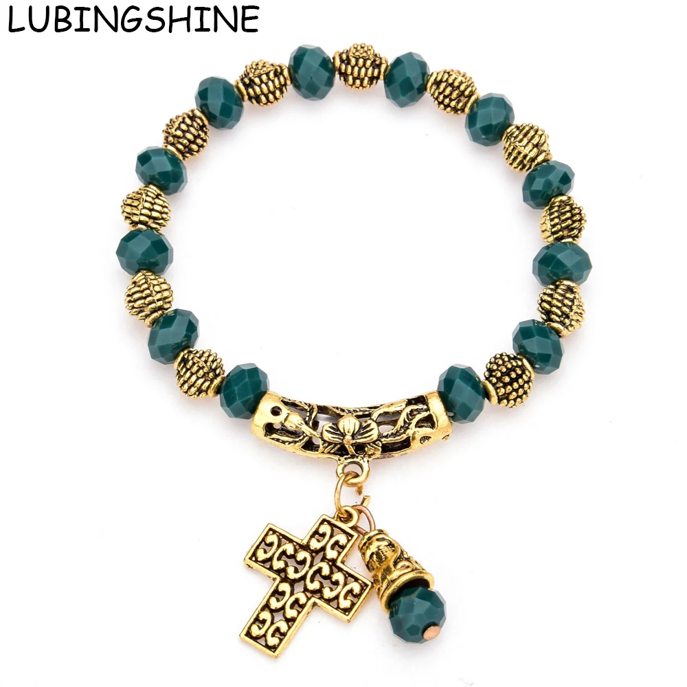 LUBINGSHINE Religious Beaded Bracelet Elastic Jewelry Punk Jesus Cross