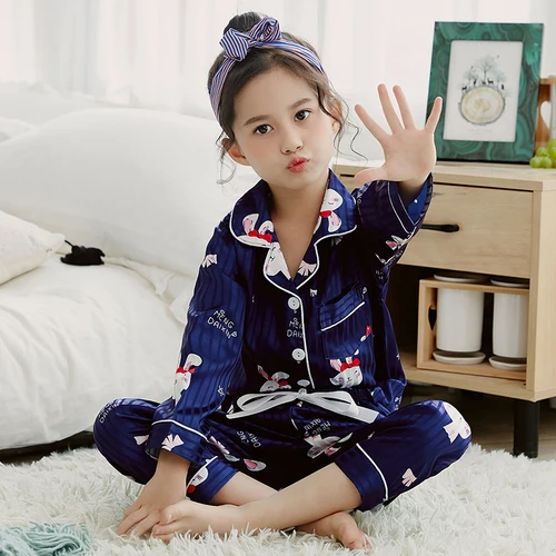 Girls Pajamas Autumn Winter Long Sleeve Children's Sleepwear Set Silk Pajamas Suit Pyjamas Sets for Kids Tracksuit Set - Color: M-9803