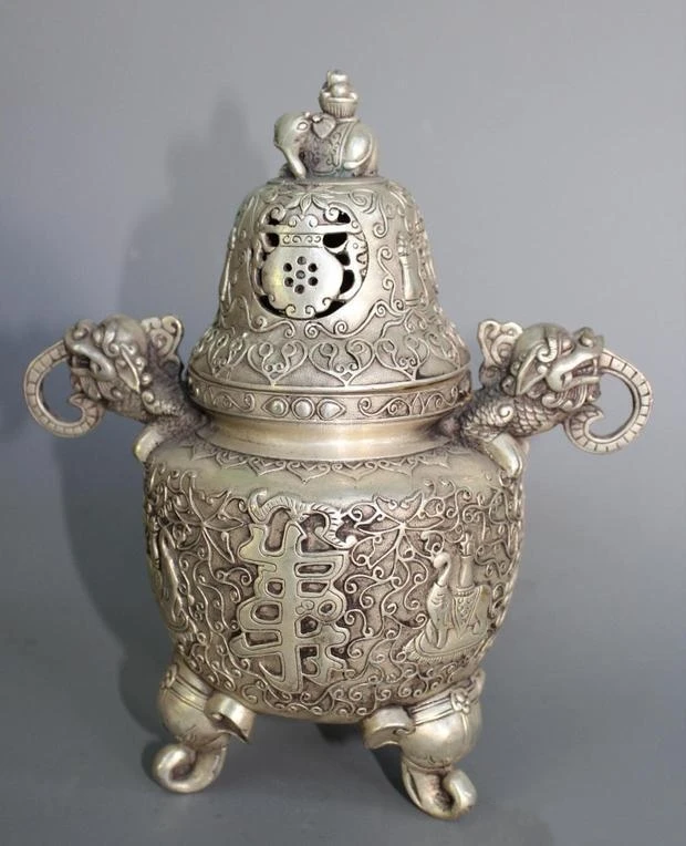 

9" China Silver Three Foot Elephant Head Incense Burner Statue
