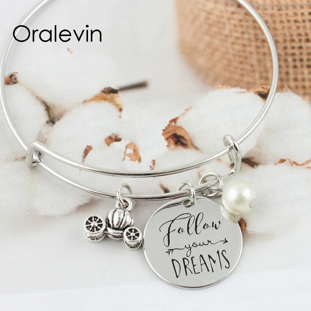 

FOLLOW YOUR DREAMS Inspirational Hand Stamped Engraved Pendant Charms Expandable Wire Bangle Bracelet Jewelry, #LN302B
