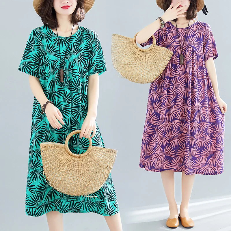 

Chinese Style Fashion 2019 New Women Dresses Casual Cotton Linen Summer Dress Short Sleeve O-Neck Print Floral Vintage Dress