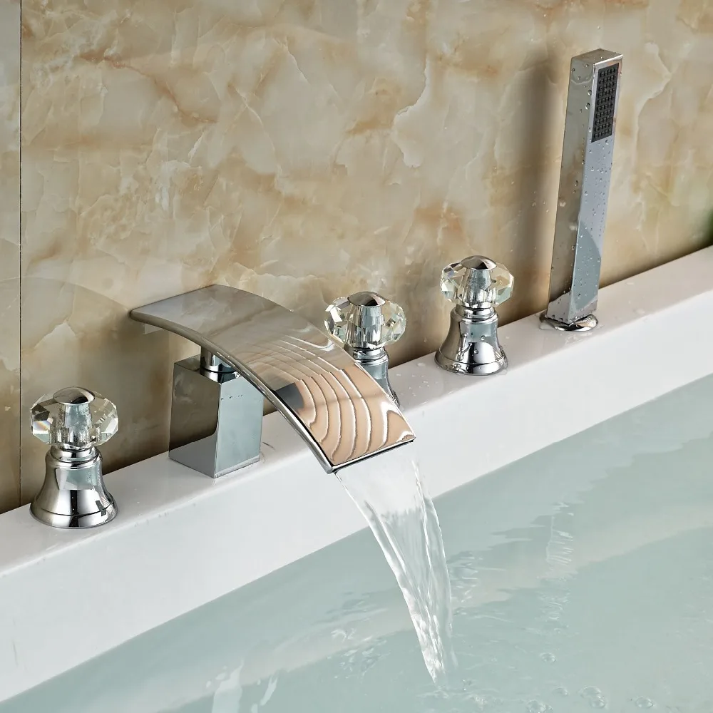 

Waterfall Bathroom Crystal Style Bath Tub Faucet Mixer Tap with Hand Shower Chrome Finish Deck Mount