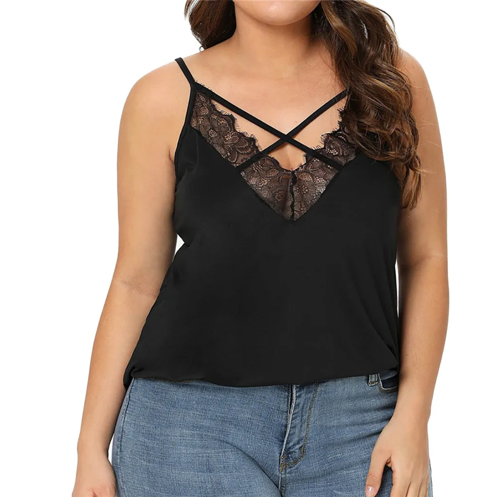 

Fashion Women Casual V-Neck Sleeveless Plus Size Solid Lace Tank Tops Vest Camis top women tank top top lencero mujer
