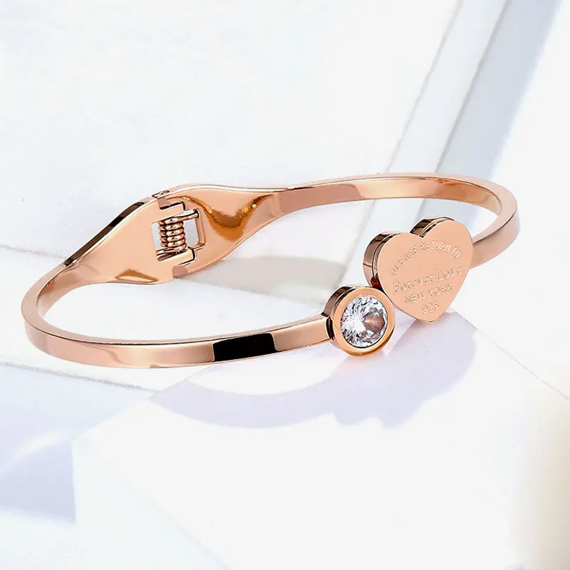 Bangle Bracelet Crystal Bracelets Open Spring Bangle Crystal And Engraving Forever Love Heart Brand Titanium Steel Women Gift