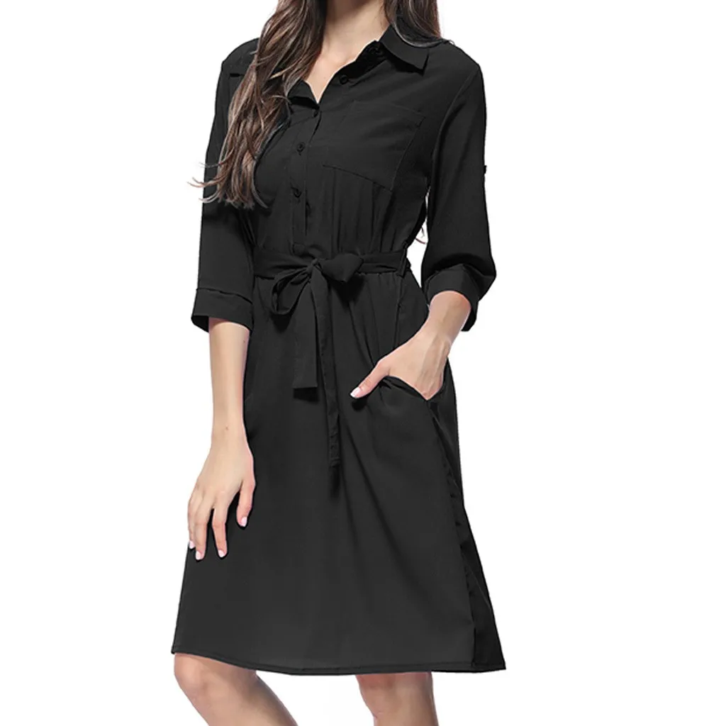 Summer Dress Women Fashion Casual Solid Color Pockets Button Turn-down Collar Three Quarter Sleeve Knee Length Vestidos OY41 - Цвет: As the photo show