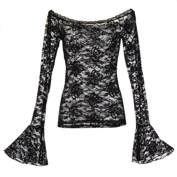 

Corzzet Women's Black Lace Sabrina Shoulder Hollow Out Lingerie With Floral Pattern Ruffle Sleeve For Sexy Girls Wear