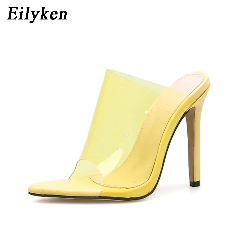 Eilyken; коллекция года; сезон лето; Новинка; модные вечерние сандалии-гладиаторы из ПВХ на очень высоком каблуке; женские шлепанцы с острым носком; сандалии; прозрачная обувь; размер 40 - Цвет: Yellow