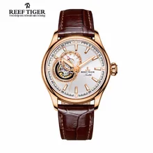Reef Tiger Luxury Brand Watches Reloj Hombre Men Sport Rose Gold Tourbilon Automatic Leather Waterproof Watch Relogio Masculino