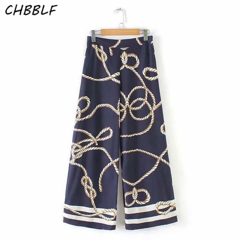 

CHBBLF women chain prints wide leg pants side zipper fly female casual full length trousers vintage chic pantalones XSZ19023