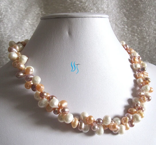 

RHJ0055 6-7mm Multi Color 2Row Freshwater Pearl Necklace White Pink Lavender
