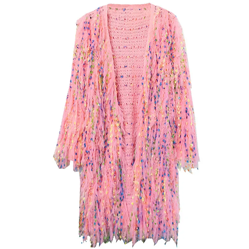 Lambs Sequins Tassels Knitted Sweater Long Jacket