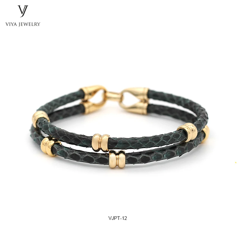 GENUINE PYTHON LEATHER MEN BRACELET WITH GOLD COLOR STAINLESS STEEL BEADS CLASP,BEST GIFT FOR MATCH UP WATCH (2)