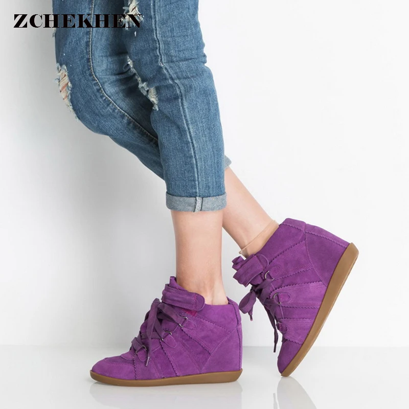 

Women Purple Suede Leather Ankle Boots Female increased Platform short boots Hook Loop Sneakers Casual botas mujer