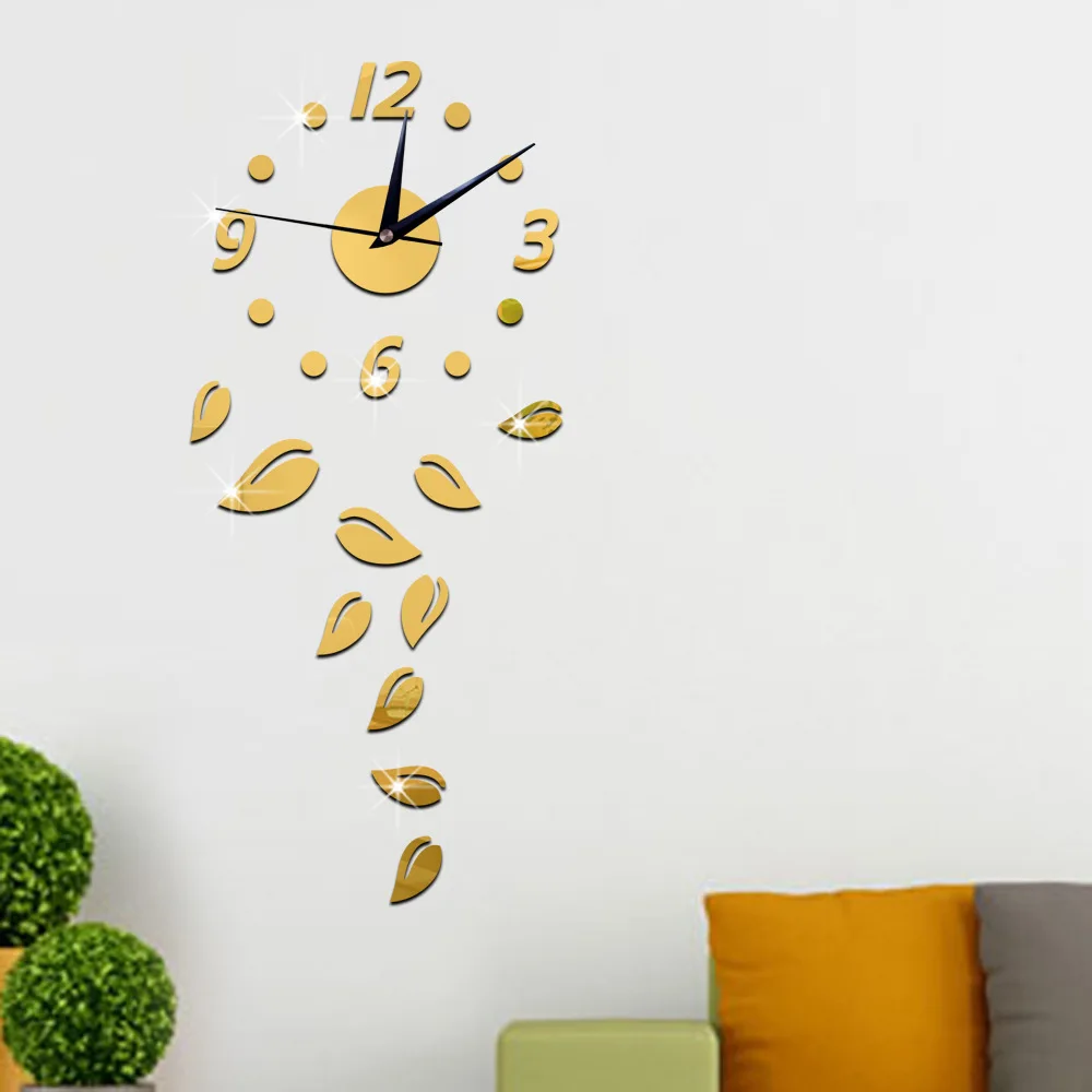 

Creative Fashion Fallen Leaves 3D Mirror Surface Sticker DIY Wall Clock Bedroom Living/Meeting/Study Room Home Decor