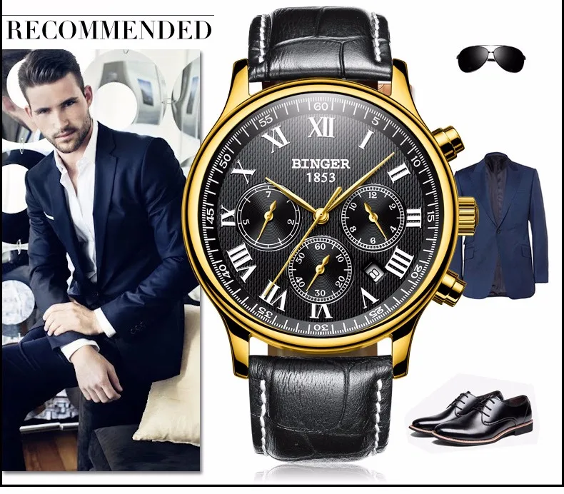Watches Men Luxury Brand BINGER Automatic Mechanical Watch Waterproof Calendar Leather Wristwatch relogio masculino