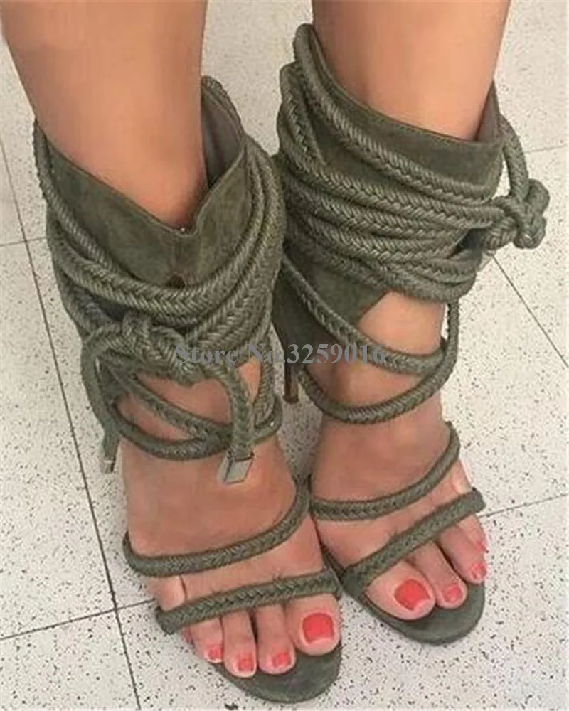 

Women Western Style Open Toe Suede Leather Stiletto Heel Short Gladiator Boots Rope-up Ankle Wrap High Heel Ankle Booties